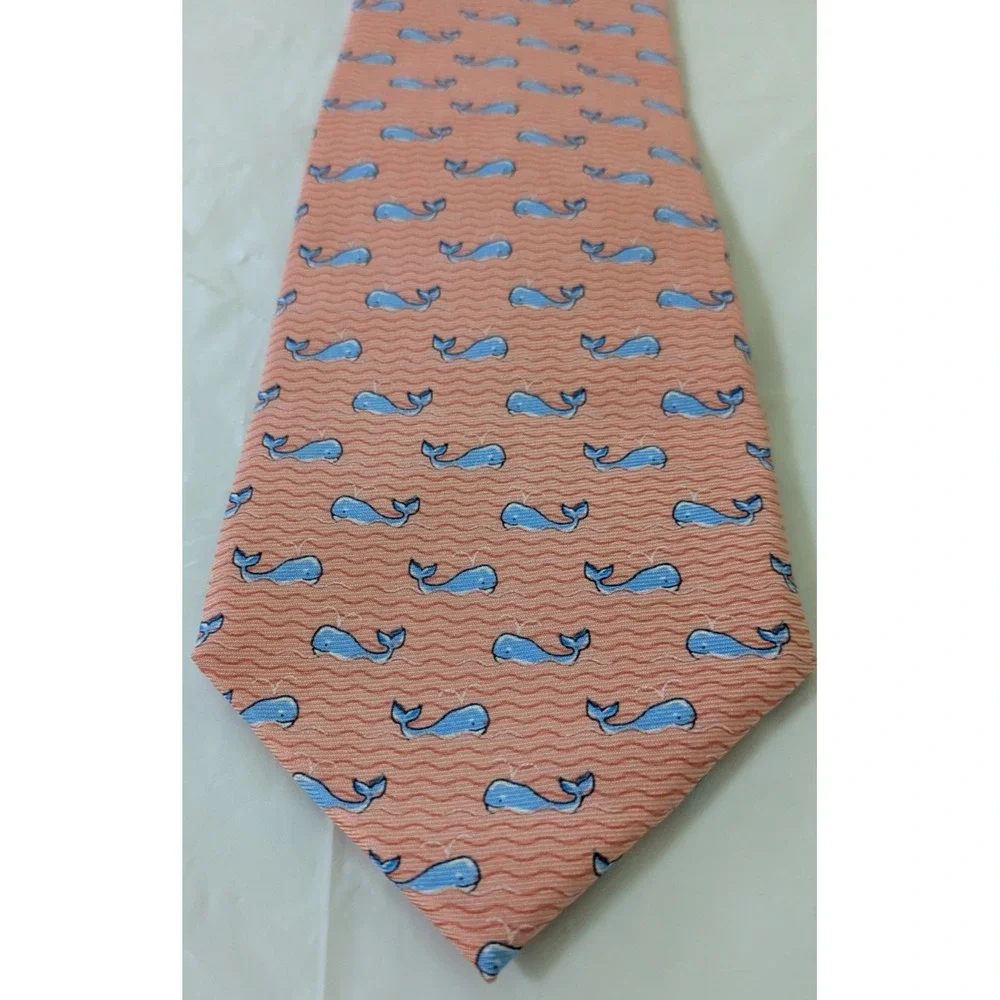 Tommy Hilfiger Silk Tie Peach w/ Blue Whale Novelty Pattern Made in USA 58x3.25